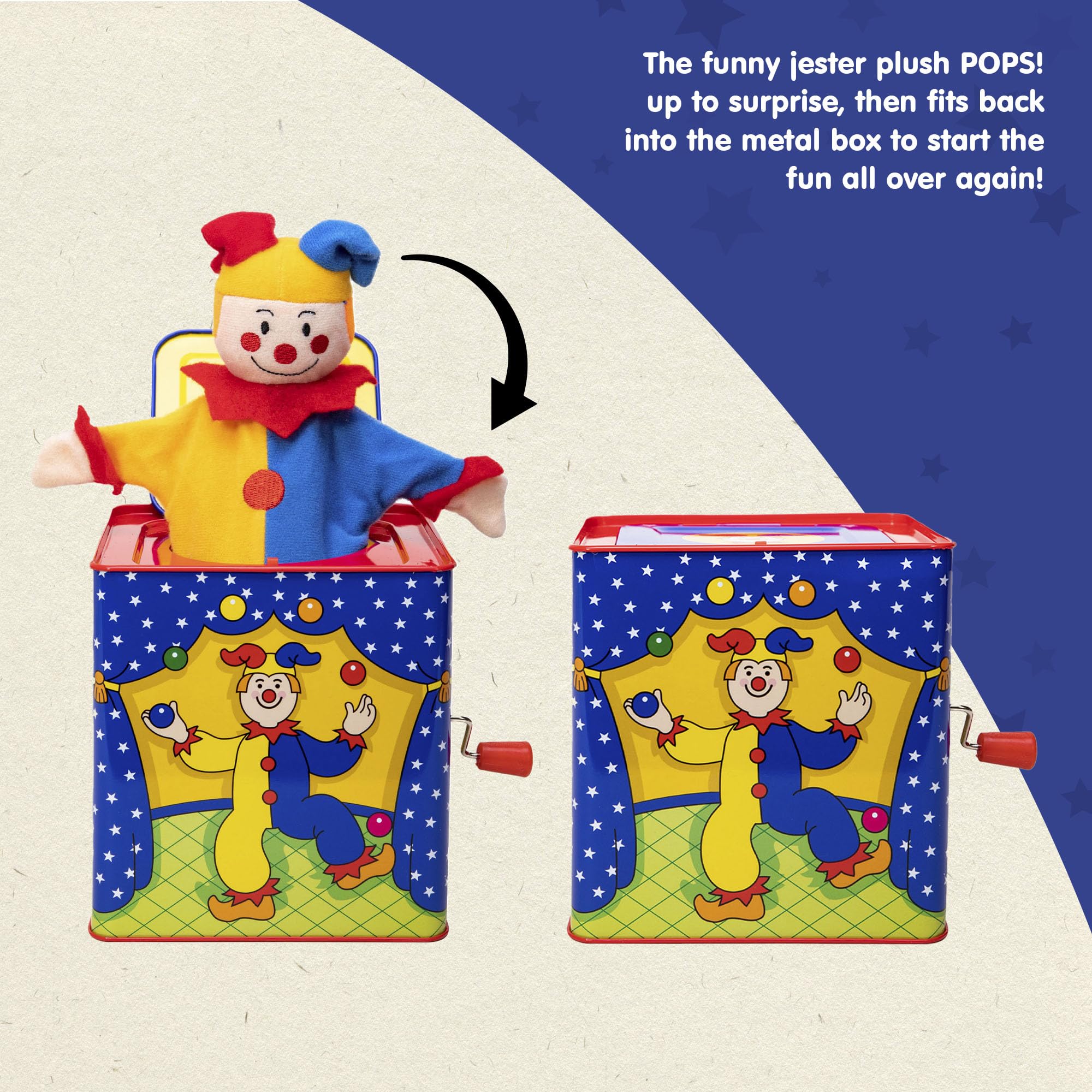 Schylling Jester Box durable tin construction supports everyday toddler use.