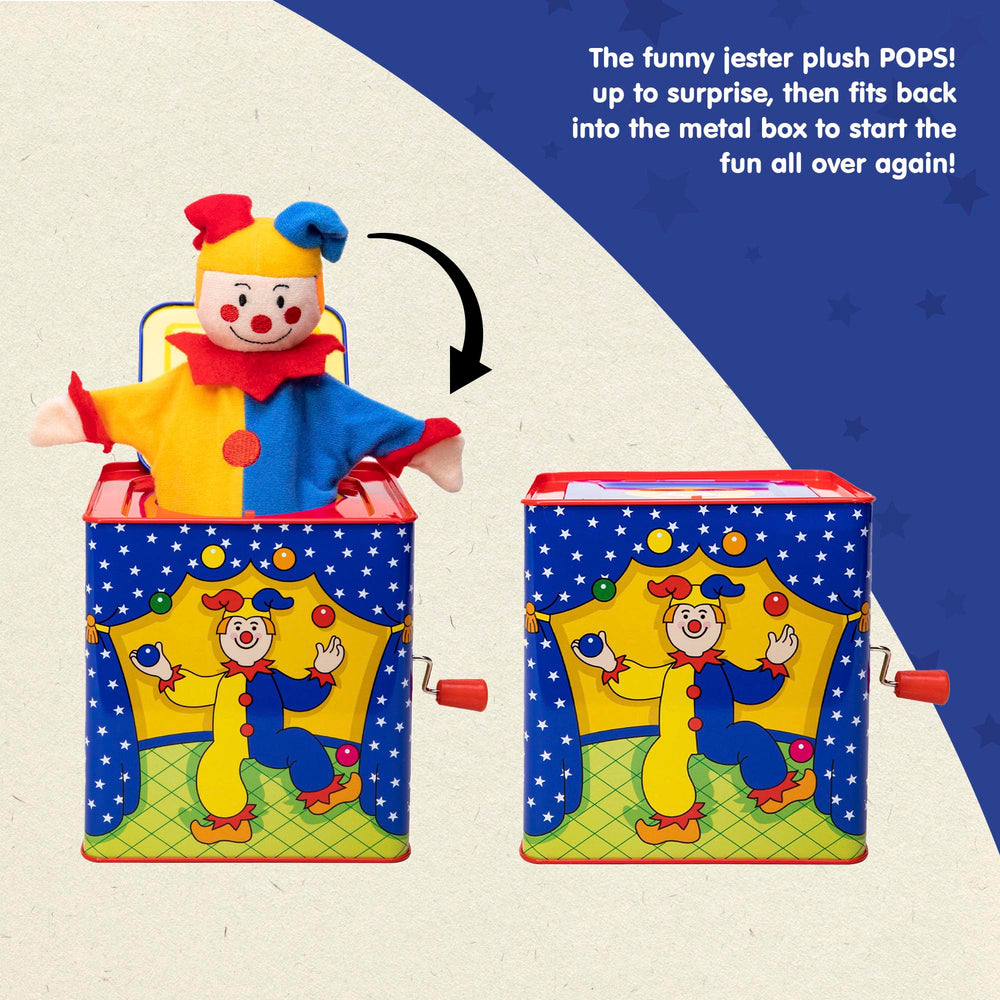 Schylling Jester Box durable tin construction supports everyday toddler use.