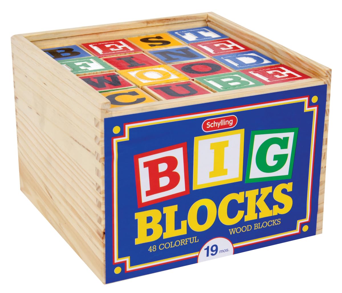 Schylling Large ABC Wood Blocks front view showing sturdy 1.75-inch cubes for hands-on learning