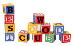 Schylling Large ABC Wood Blocks storage box image highlighting heirloom wooden case and easy organization