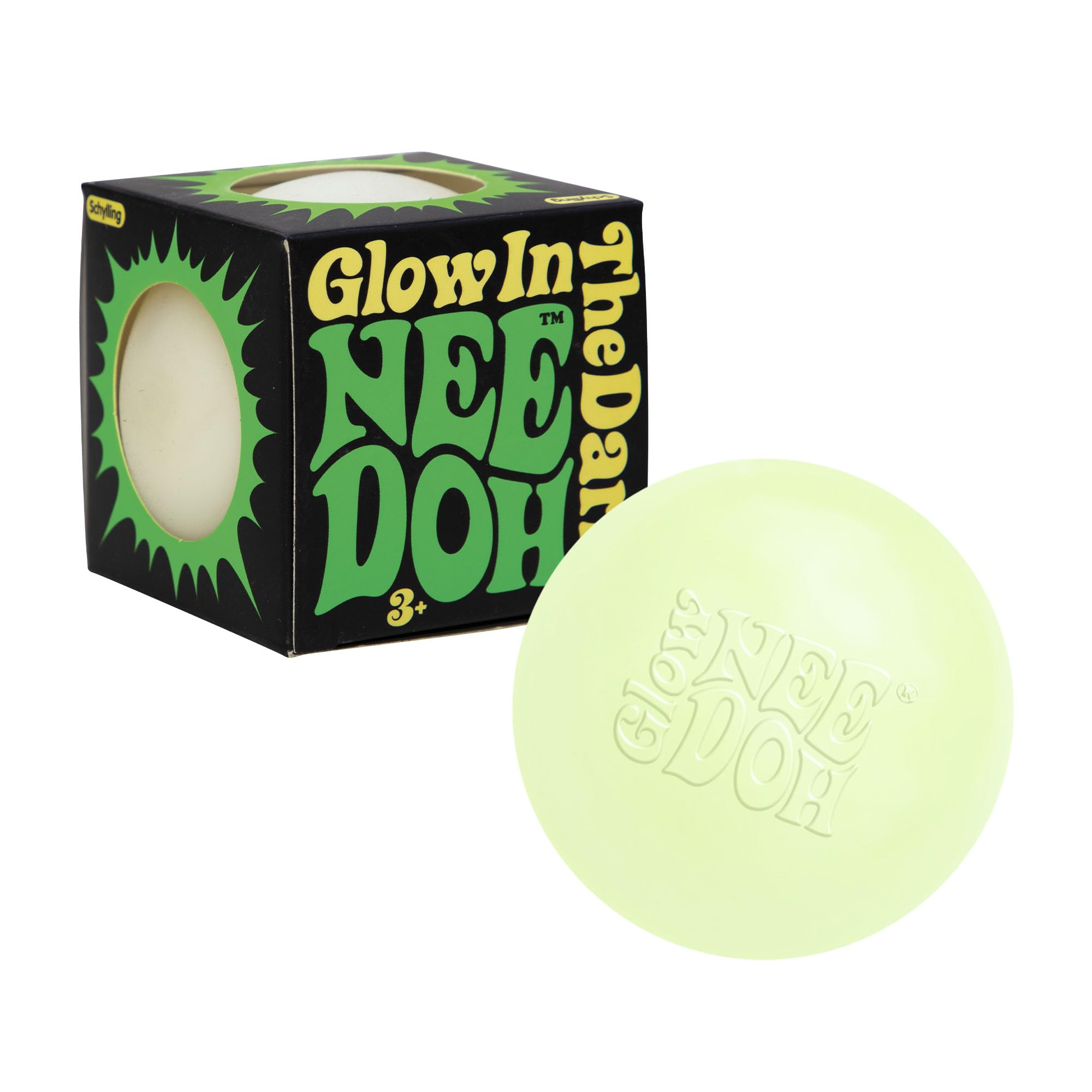 Schylling NeeDoh glow-dark glob for tactile play and soothing sensory engagement.