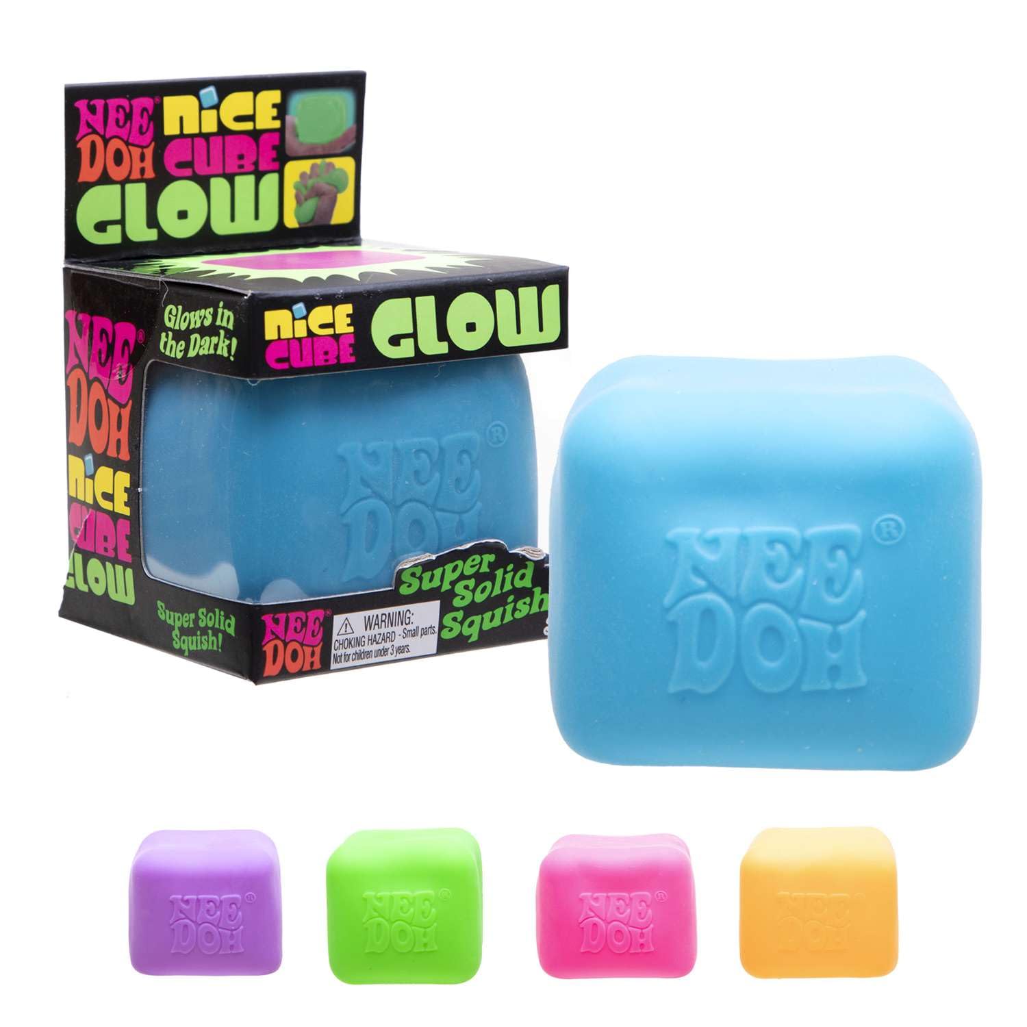 Schylling NeeDoh Nice Cube Glow glows in the dark for high-visibility play.