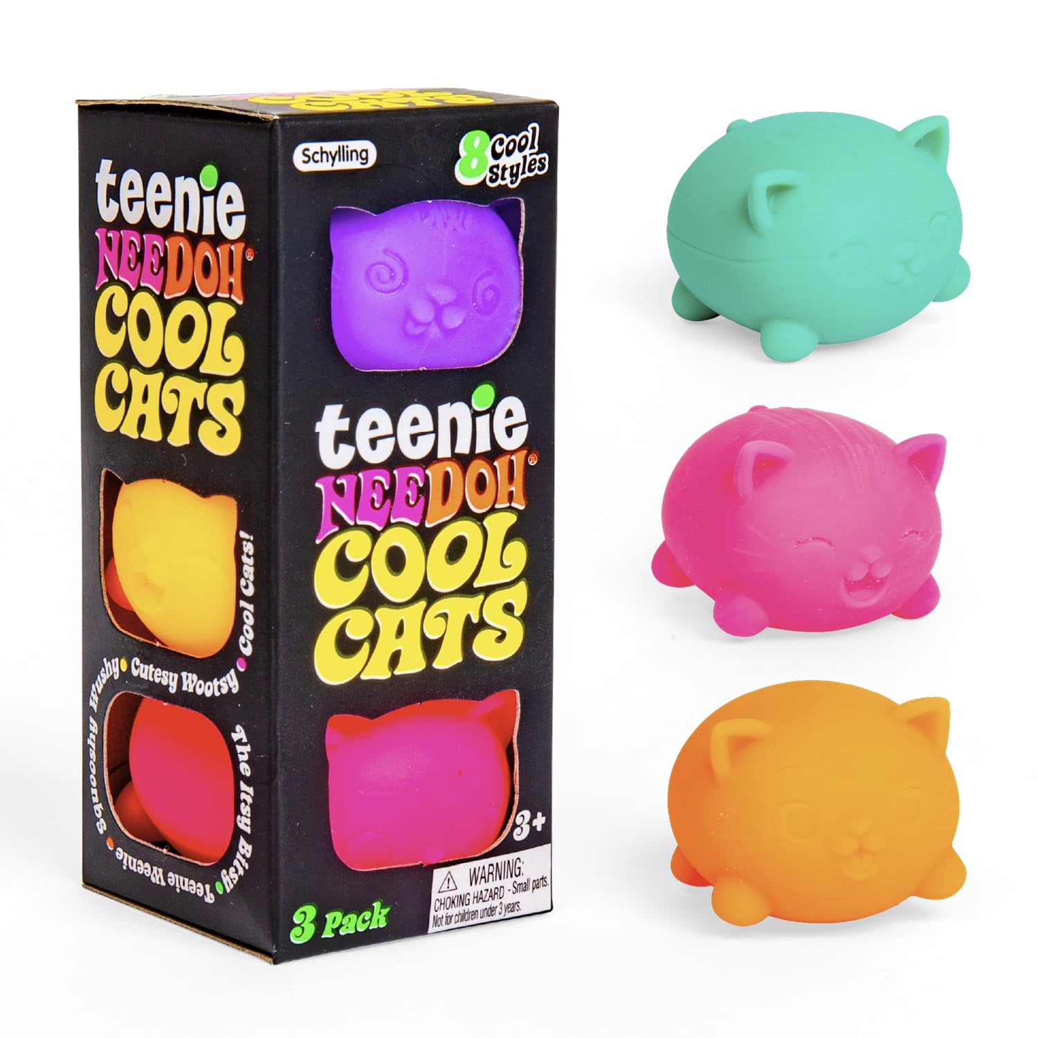 Schylling NeeDoh Teenie Cool Cat neon colors for tactile play and focus.
