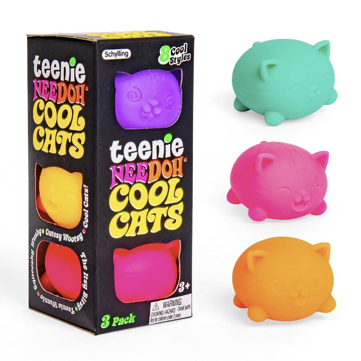 Schylling NeeDoh Teenie Cool Cat neon colors for tactile play and focus.
