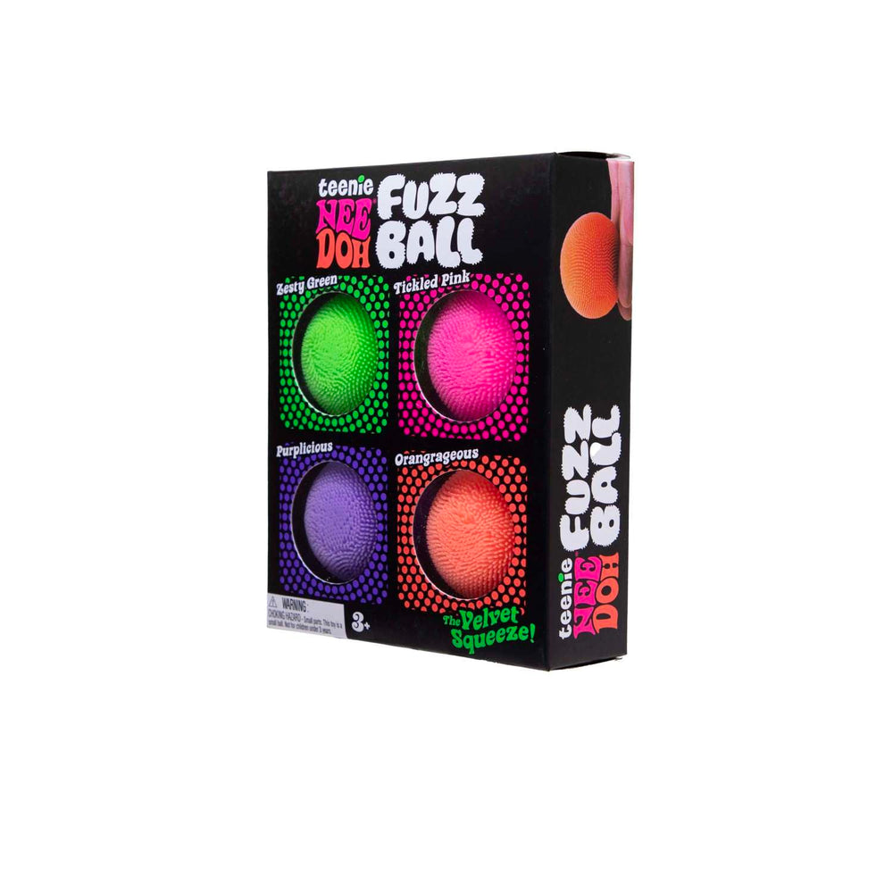 NeeDoh Teenie Fuzzball 4 Pack close-up shows bold colors and soft touch