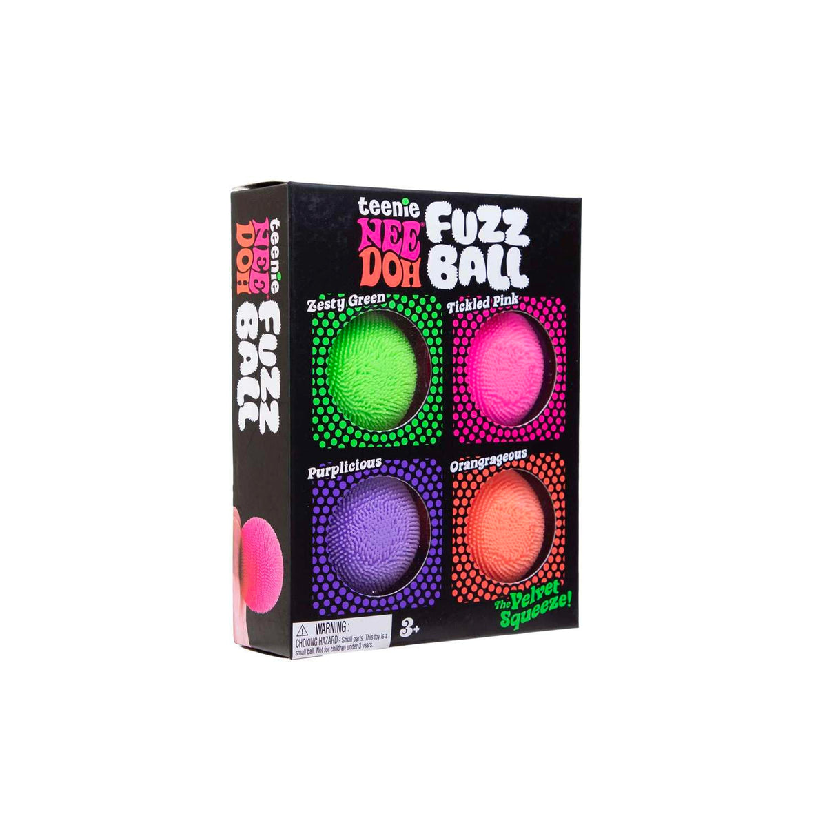 Schylling NeeDoh Teenie Fuzzball 4 Pack in hero image with vibrant squeezable texture for sensory play