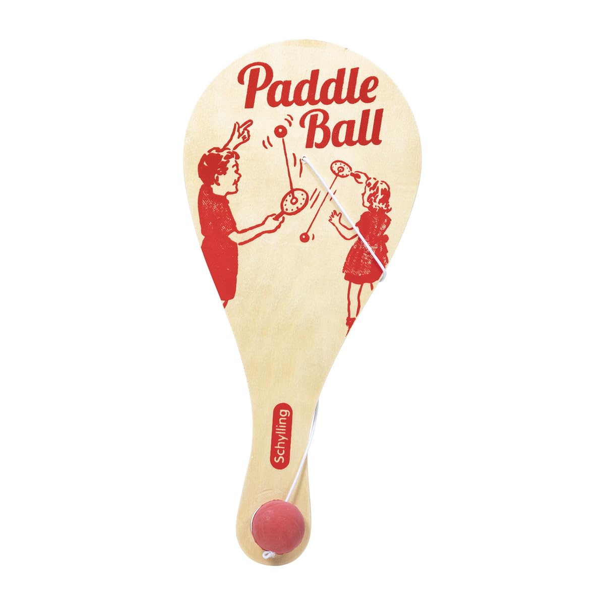 Schylling Paddle Ball ball stored in handle slot for easy access.