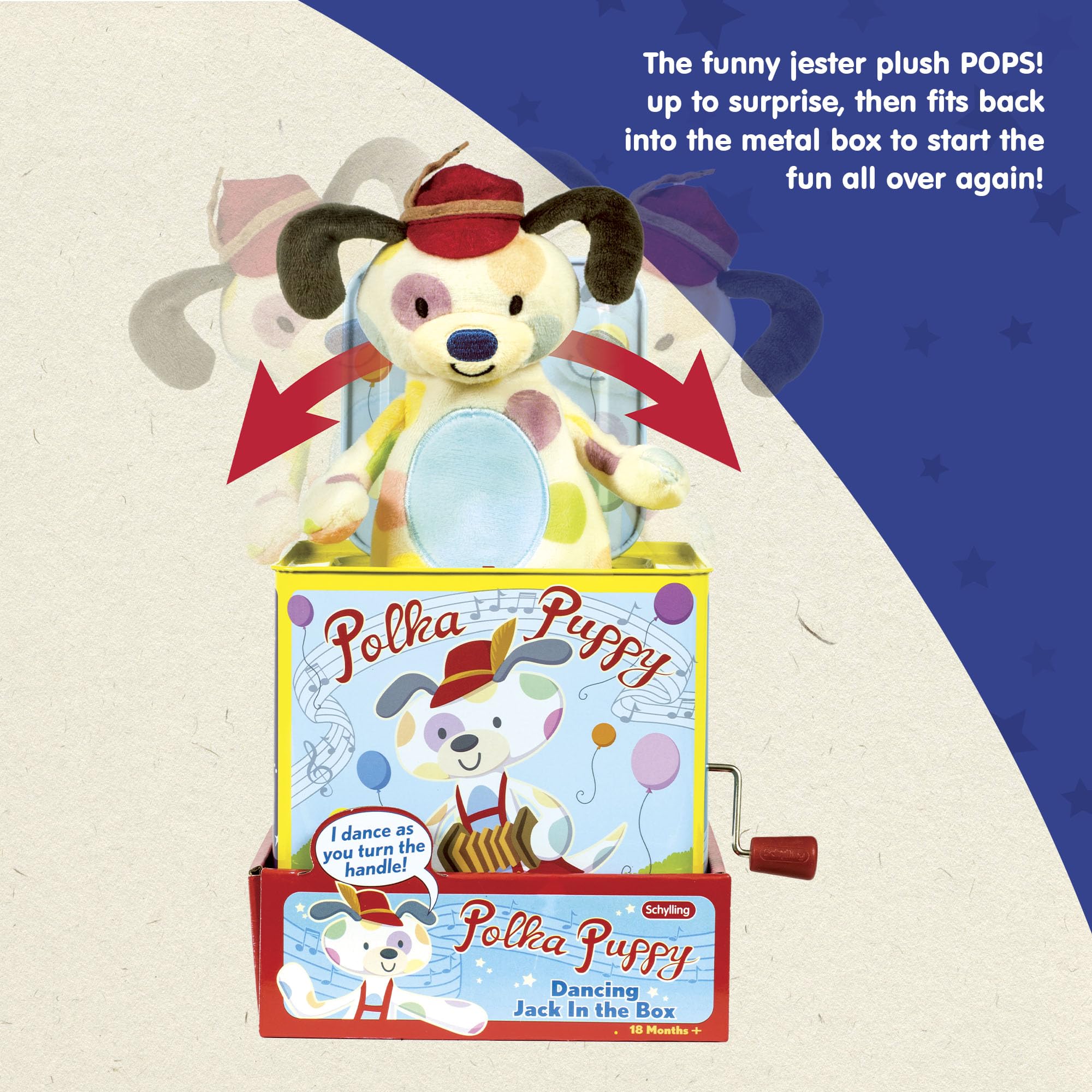 Schylling Polka Puppy crank-handle shows simple, safe turning action.