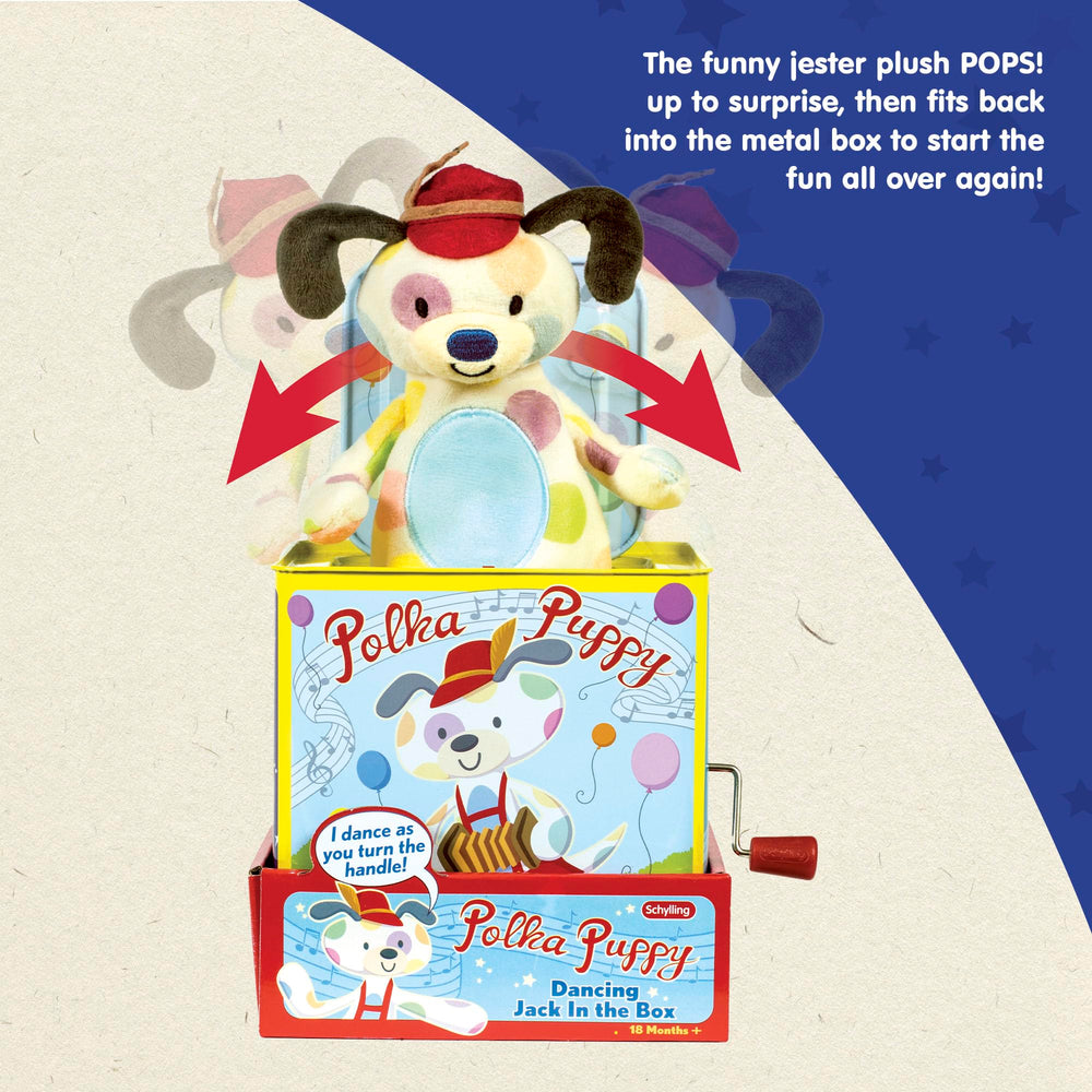 Schylling Polka Puppy crank-handle shows simple, safe turning action.