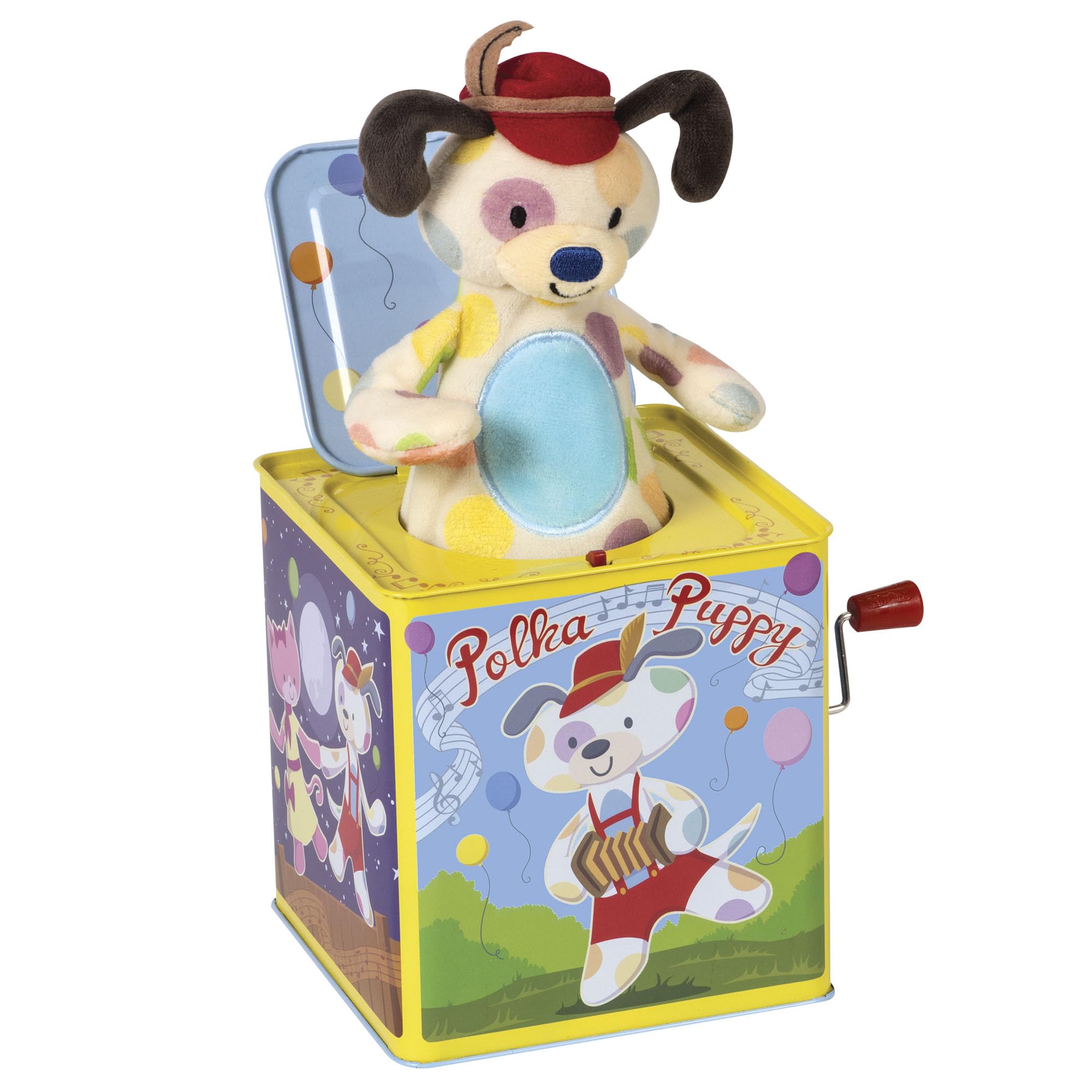 Schylling Polka Puppy Jack in the Box in embossed tin box invites curious play.