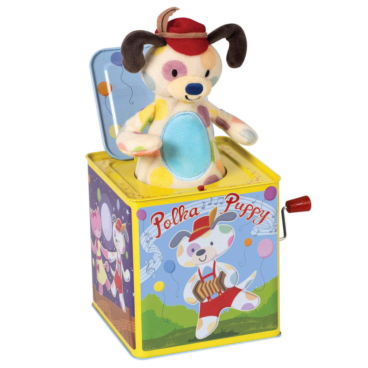 Schylling Polka Puppy Jack in the Box in embossed tin box invites curious play.