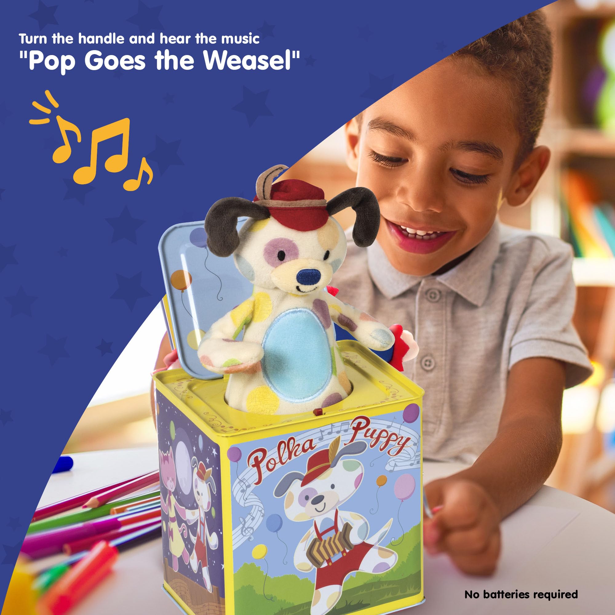 Schylling Polka Puppy open-dance reveals plush pup dancing after the pop.