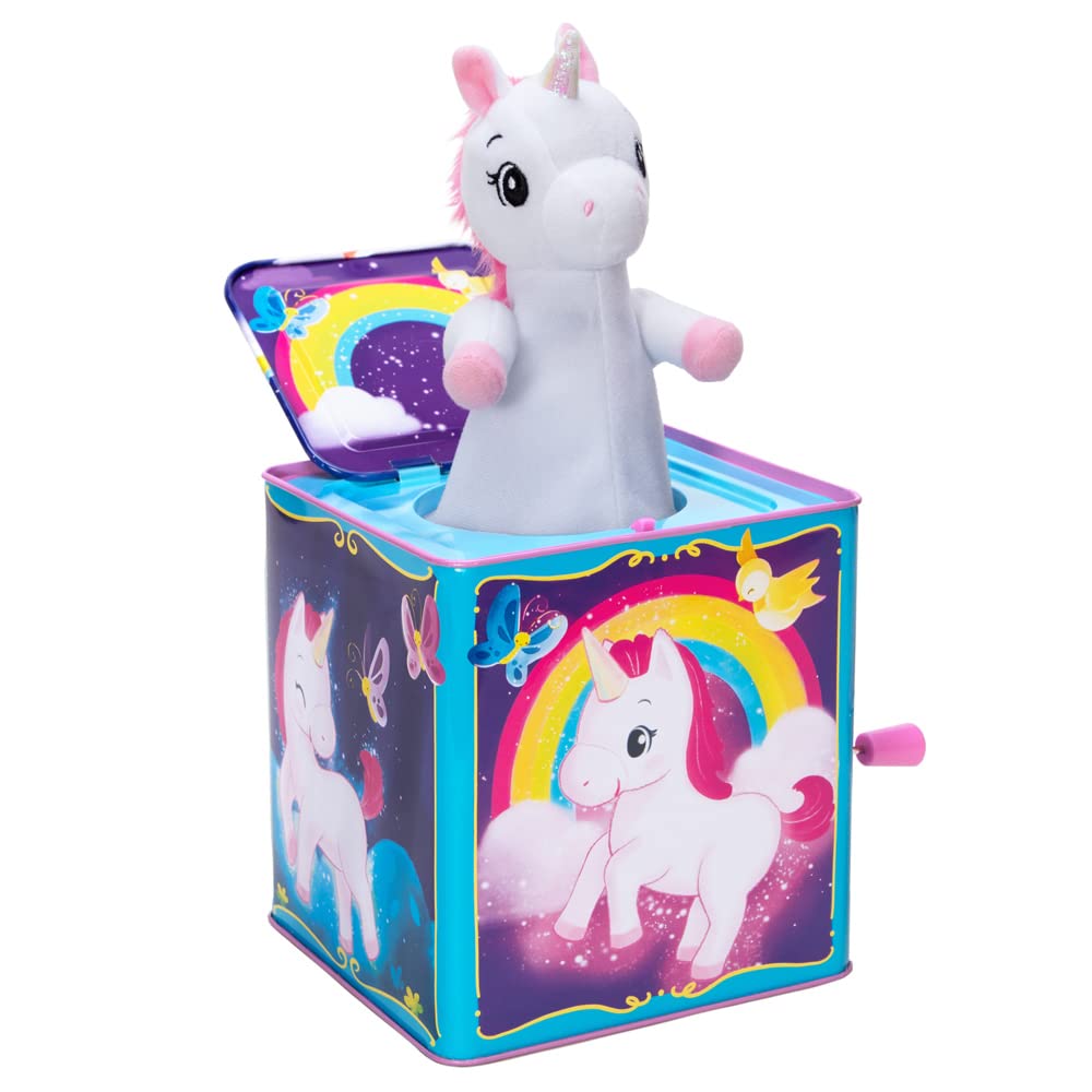 Schylling Pop & Glow Unicorn Jack in the Box lights up in rainbow colors when it pops.