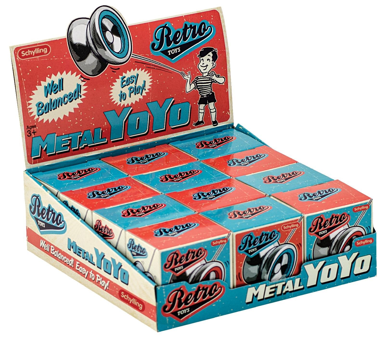 Schylling Retro Metal Yo-Yo in hand with braided cord, promoting smooth spins.