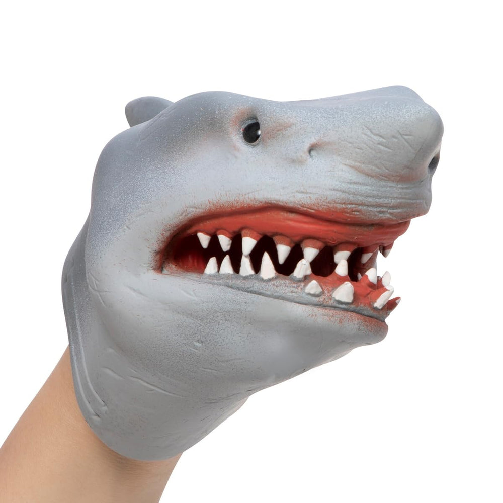 Schylling Shark Hand Puppet close-up mouth highlights flexible jaw for expressive scenes.