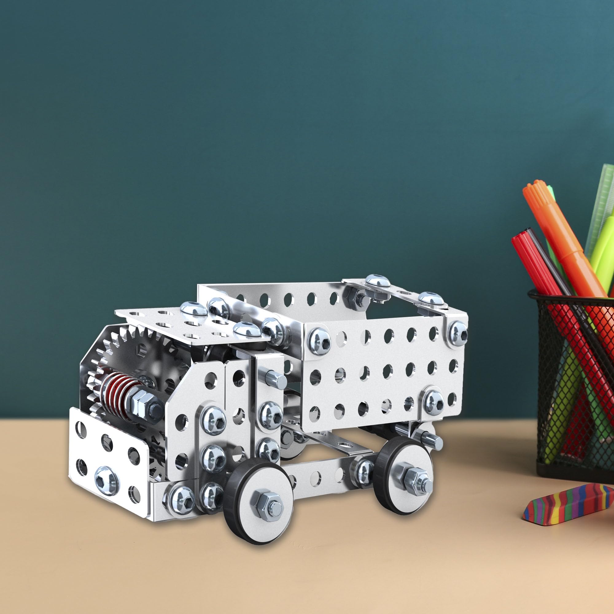 Schylling Steel Works imagination in progress encourages creative construction.