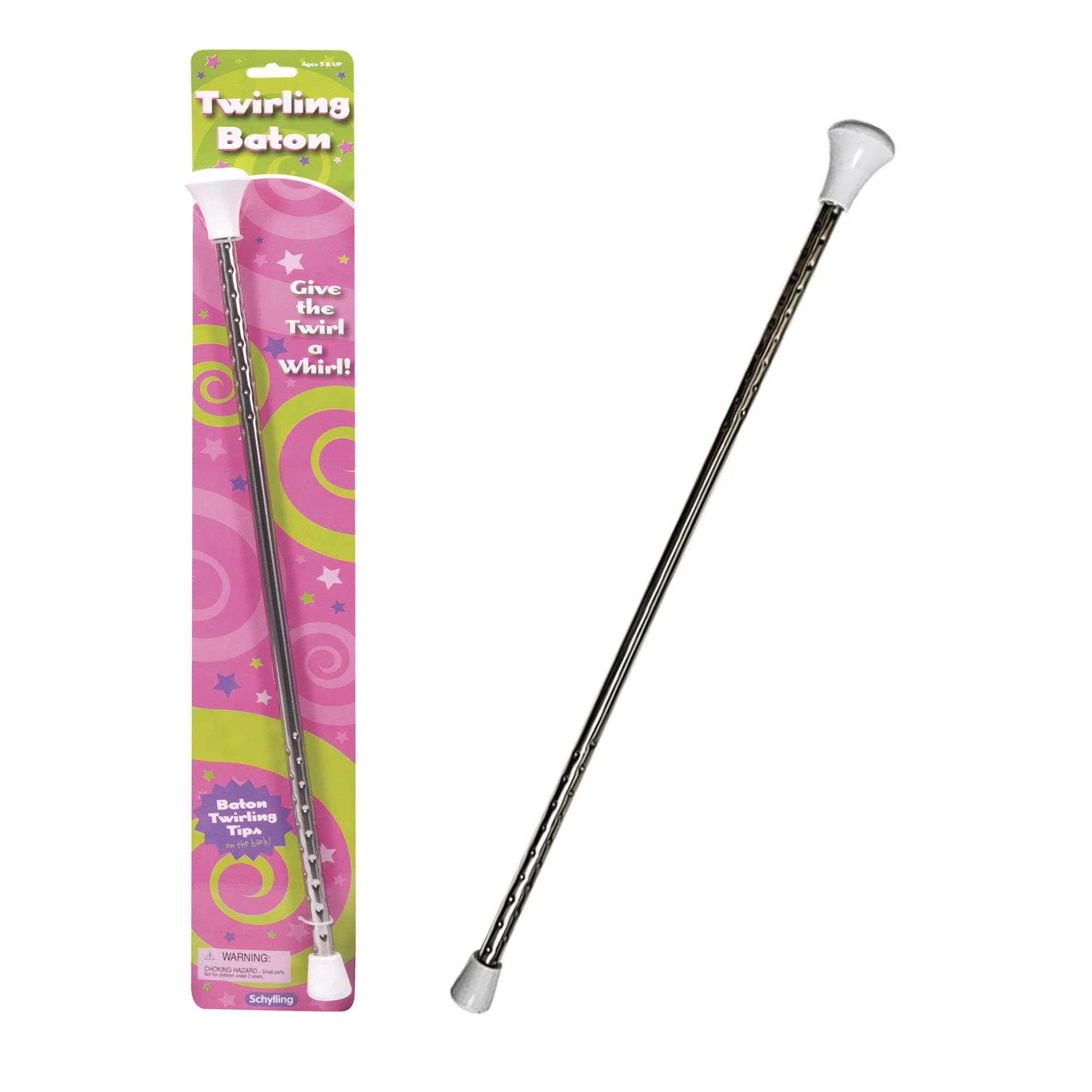 Schylling Twirling Baton with metal body and rubberized ends for safe spins.