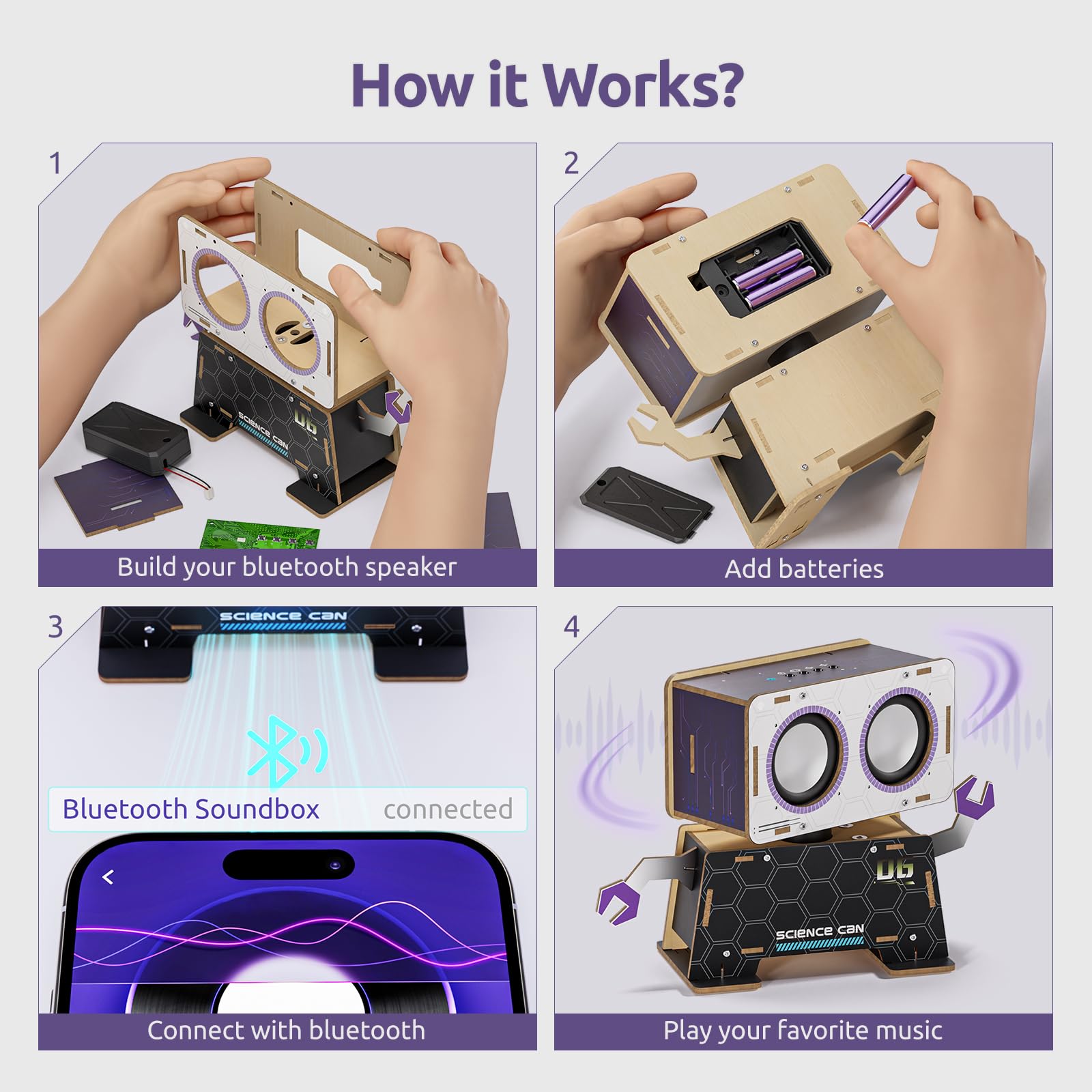 Science Can Bluetooth connection illustrates wireless audio playback with simple device pairing.