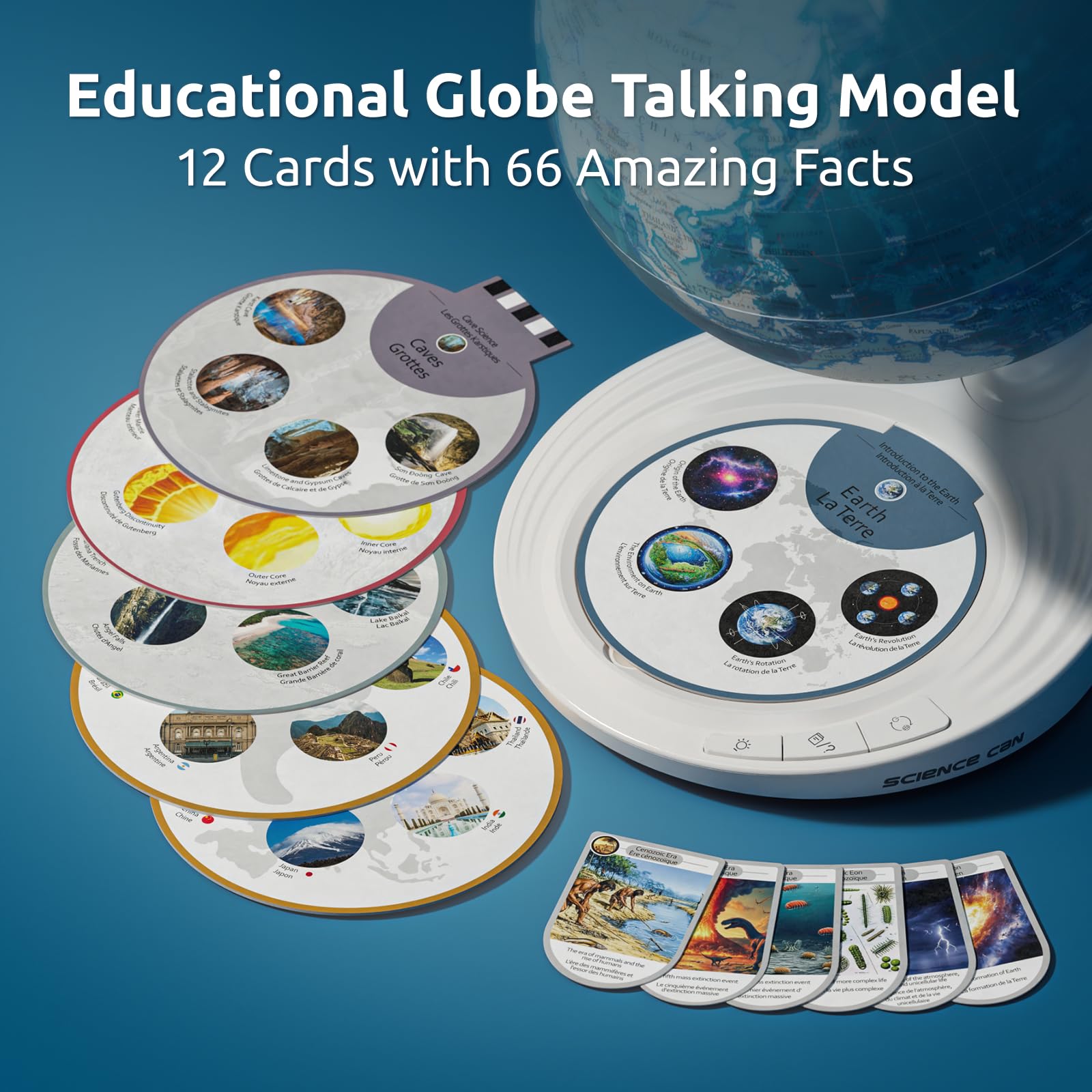Science Can globe bilingual EN-FR toggle supports language and geography practice.