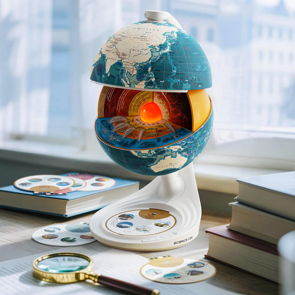 Science Can globe crust-to-core panel with LED core lighting for dramatic visuals.