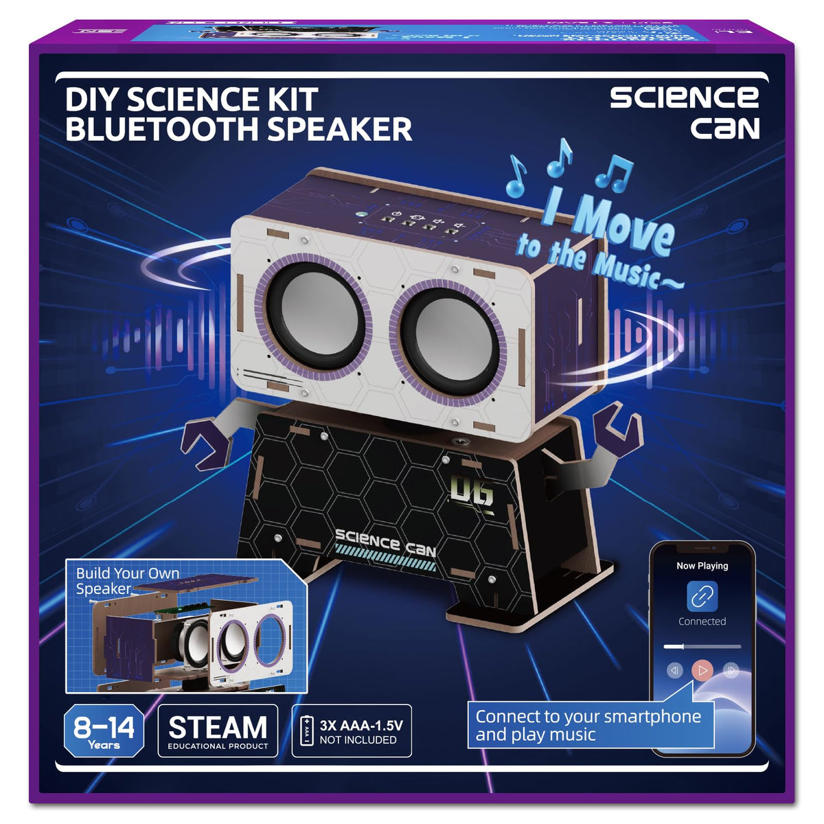 Science Can robot speaker assembly shows puzzle pieces fitting together for a glue-free build.