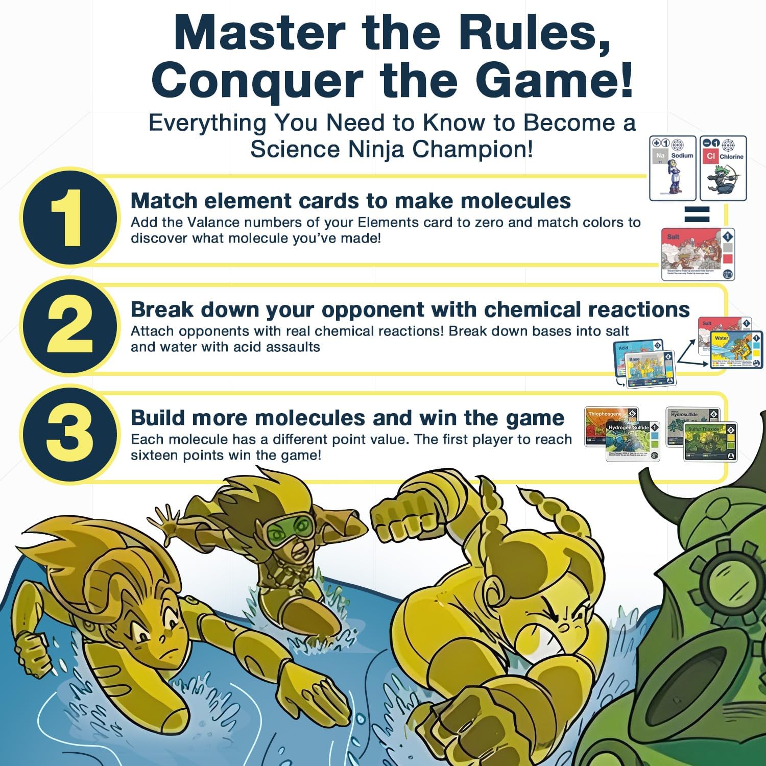 Science Ninjas Valence Plus multi-step reactions encourage strategic thinking.