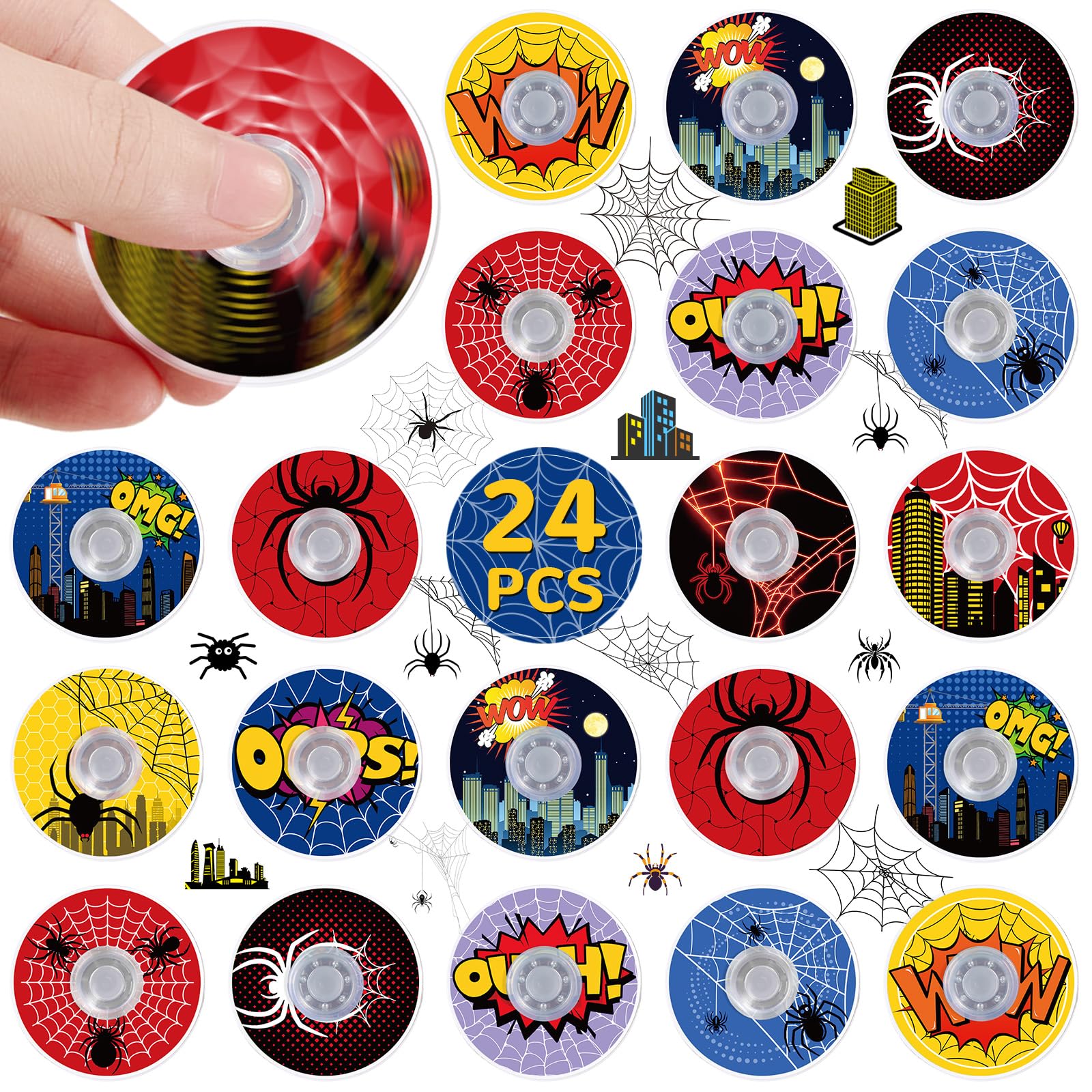 SCIONE 24-pack spider theme fidget spinner—colorful sensory toy for focus.