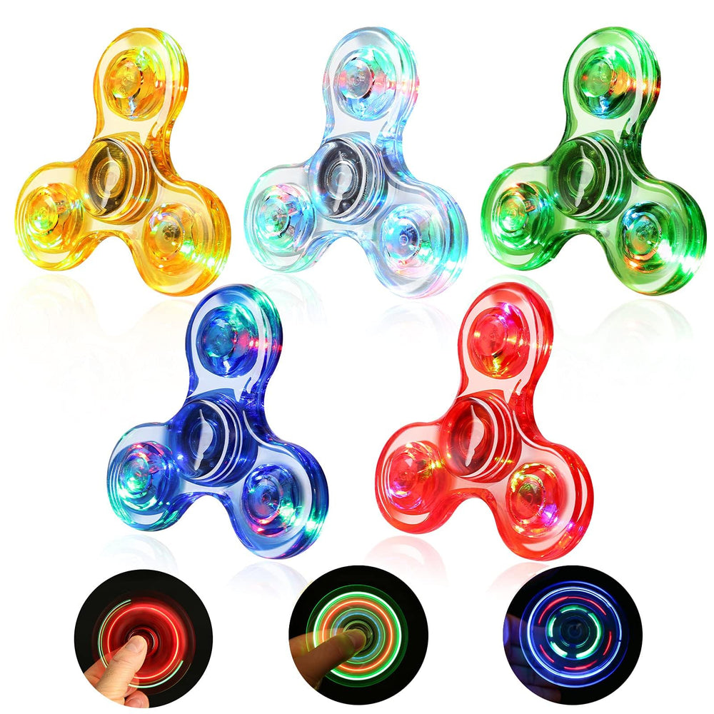 SCIONE 5-pack LED light up fidget spinner glowing brightly for nighttime play.