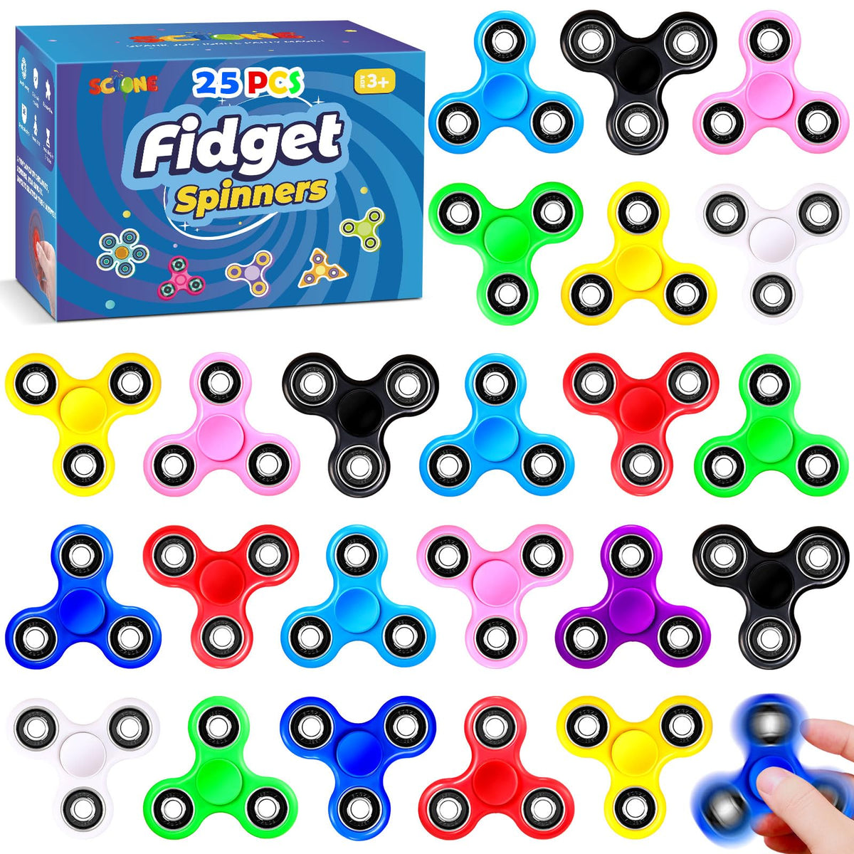 SCIONE fidget spinner 25-pack multi-color for classroom prizes and party favors.