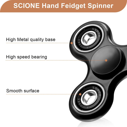 SCIONE fidget spinner in-hand for portable stress relief during commutes and breaks.