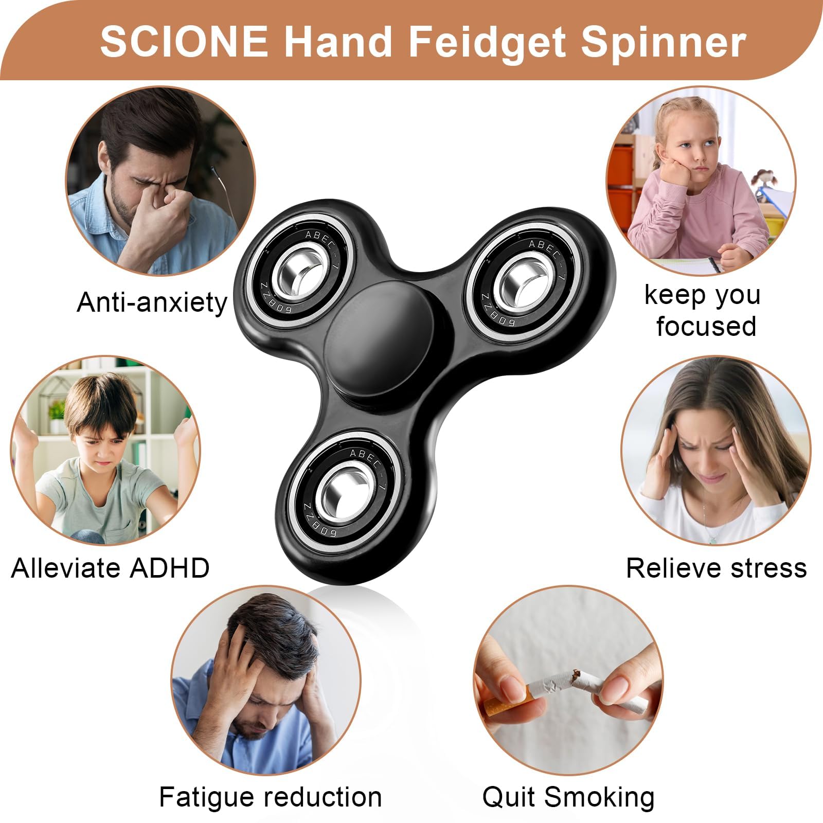 SCIONE fidget spinner spin-action captures long-lasting rotation for distraction-free concentration.