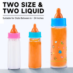 Large orange juice bottle from SCOM enhances colorful, realistic serving in doll play.