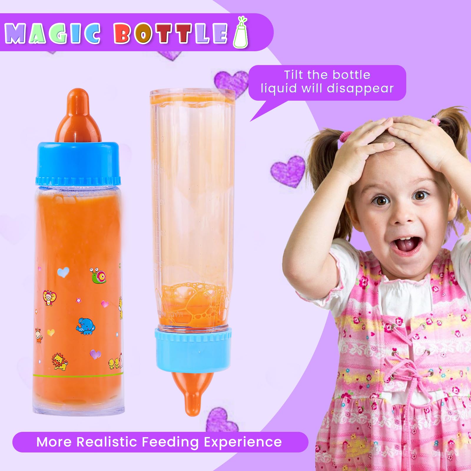 SCOM baby doll bottle large orange juice for colorful pretend drinking.