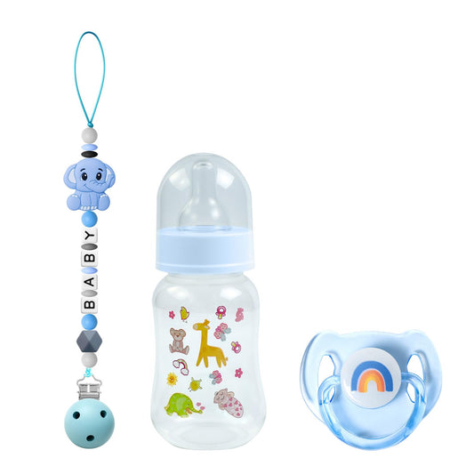 SCOM rainbow transparent baby bottle for reborn dolls, easy to grip during pretend feeding.