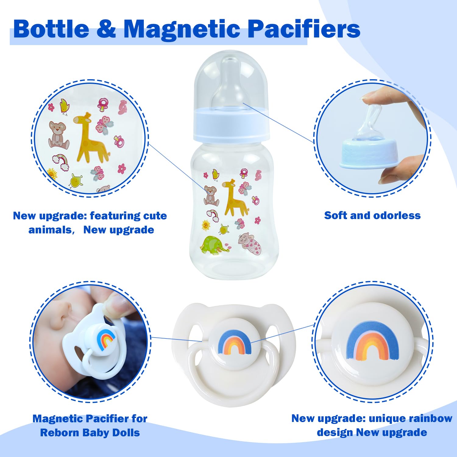Close-up of SCOM bottle with blue detailing for doll feeding scenes