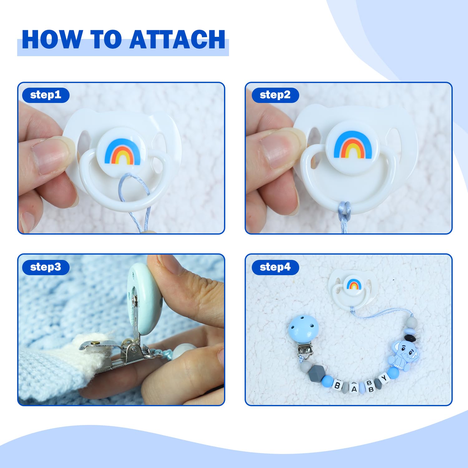 SCOM magnetic pacifier in blue used in a doll play setup