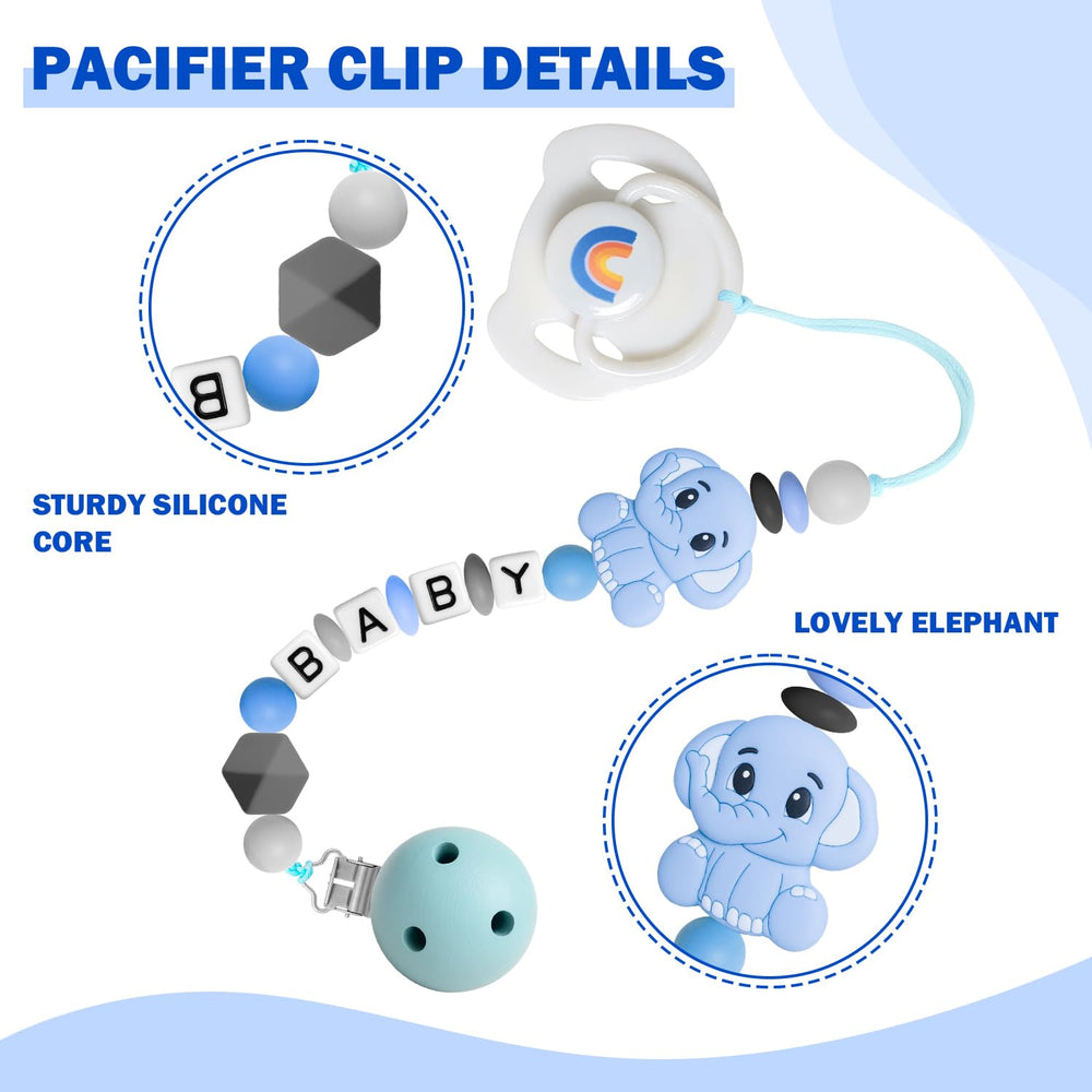 SCOM silicone pacifier clip blue showing odor-free, safe material