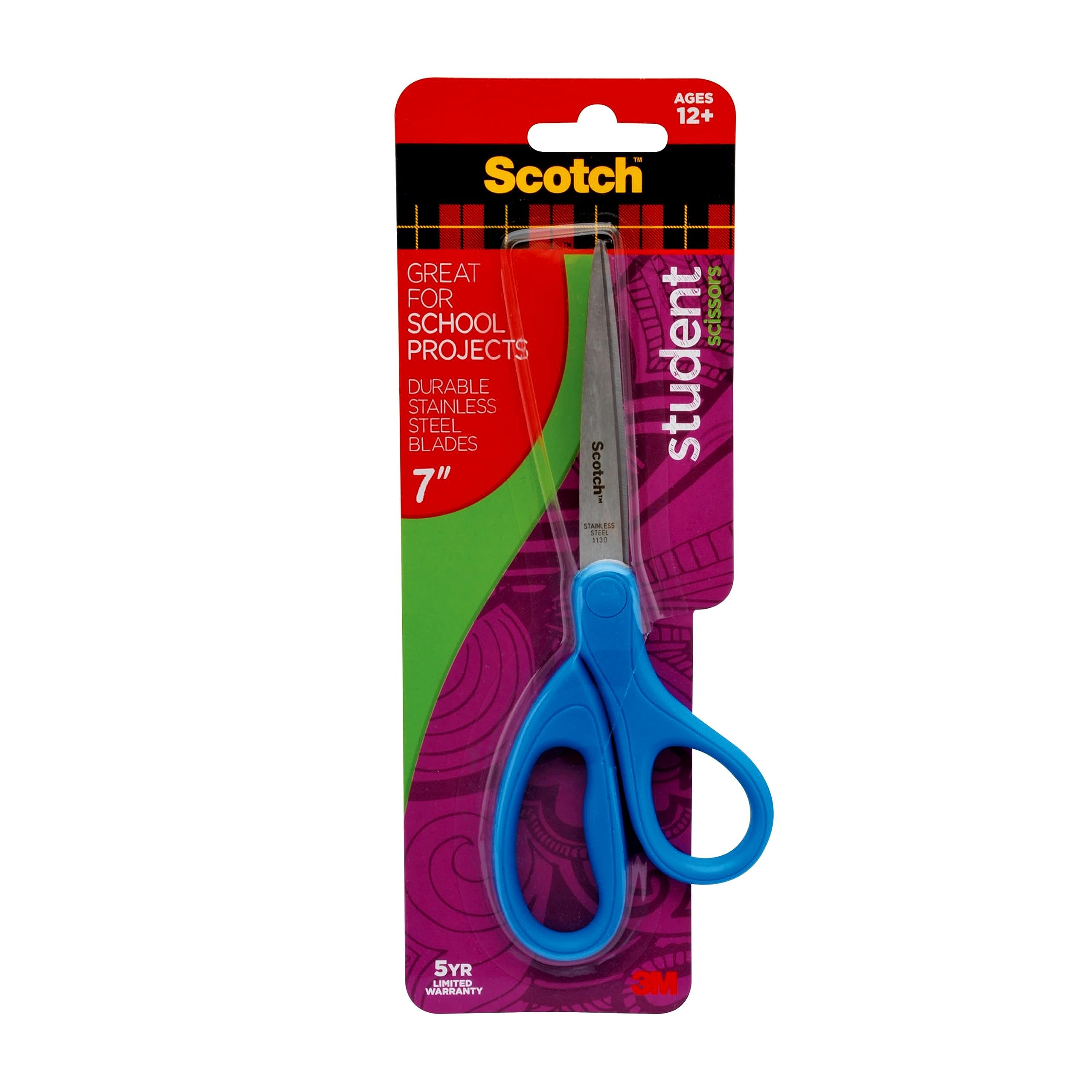 Scotch Student Scissors 7-Inch color mix pack shows blue green purple handles.