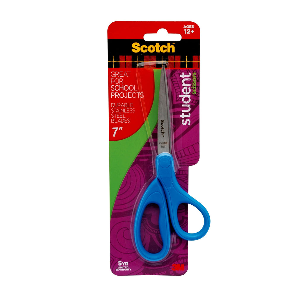 Scotch Student Scissors 7-Inch color mix pack shows blue green purple handles.