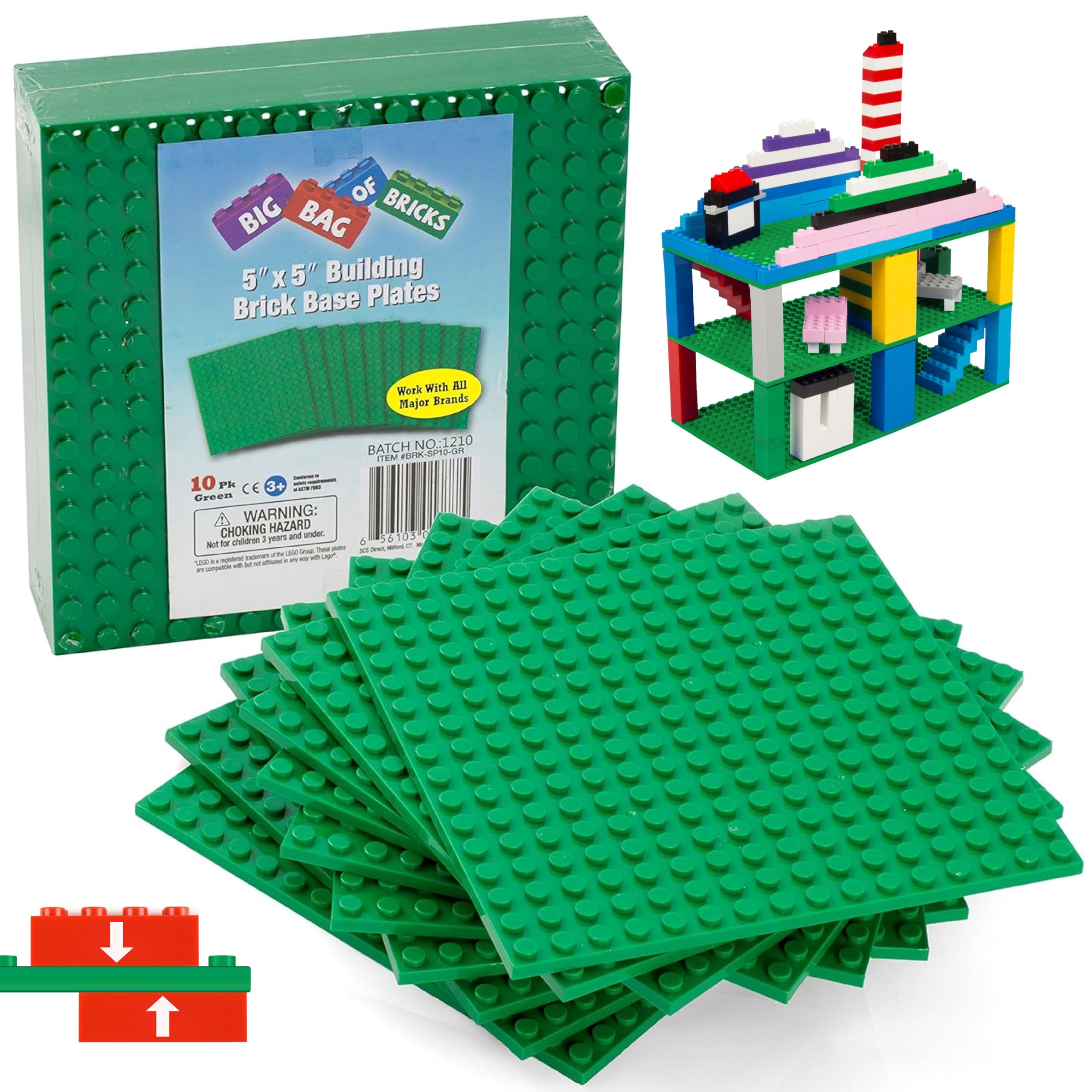 SCS Direct green 5x5 baseplates 10-pack for versatile brick builds.