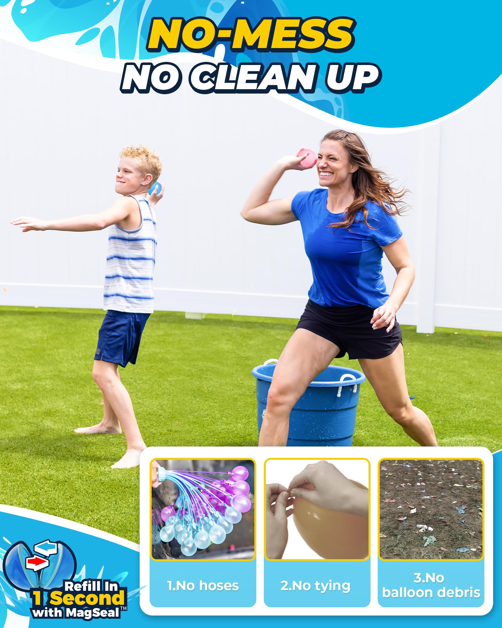 Kids ages 4-8 enjoy outdoor play with SCUATANBE reusable water balloons.