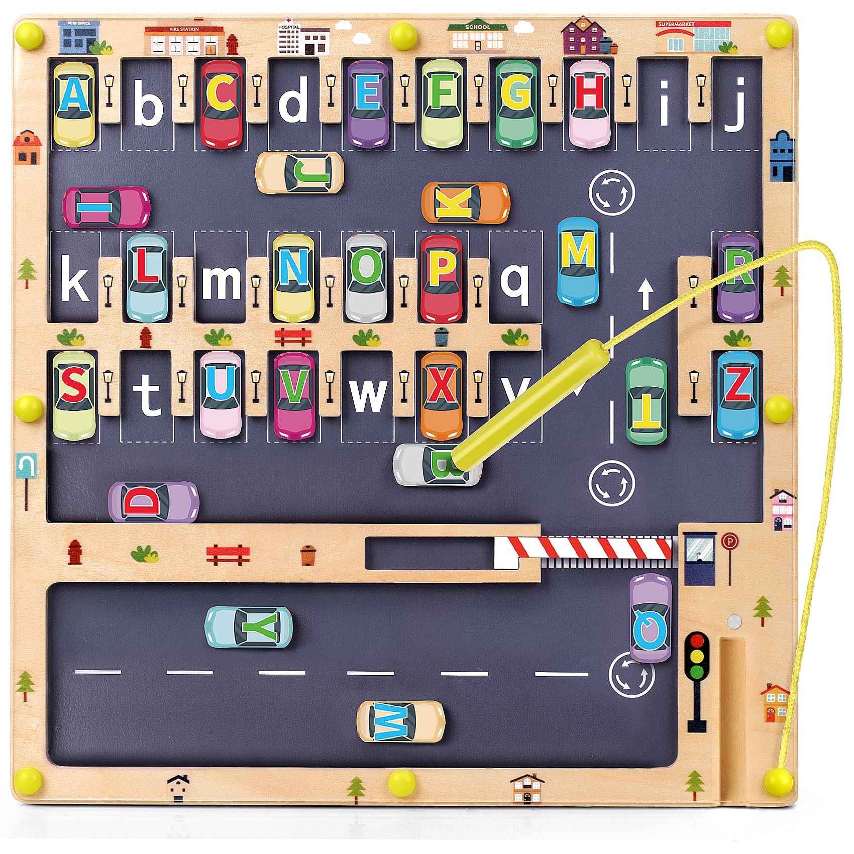 Scuwtocn wooden magnetic alphabet maze board for safe, tactile letter learning.
