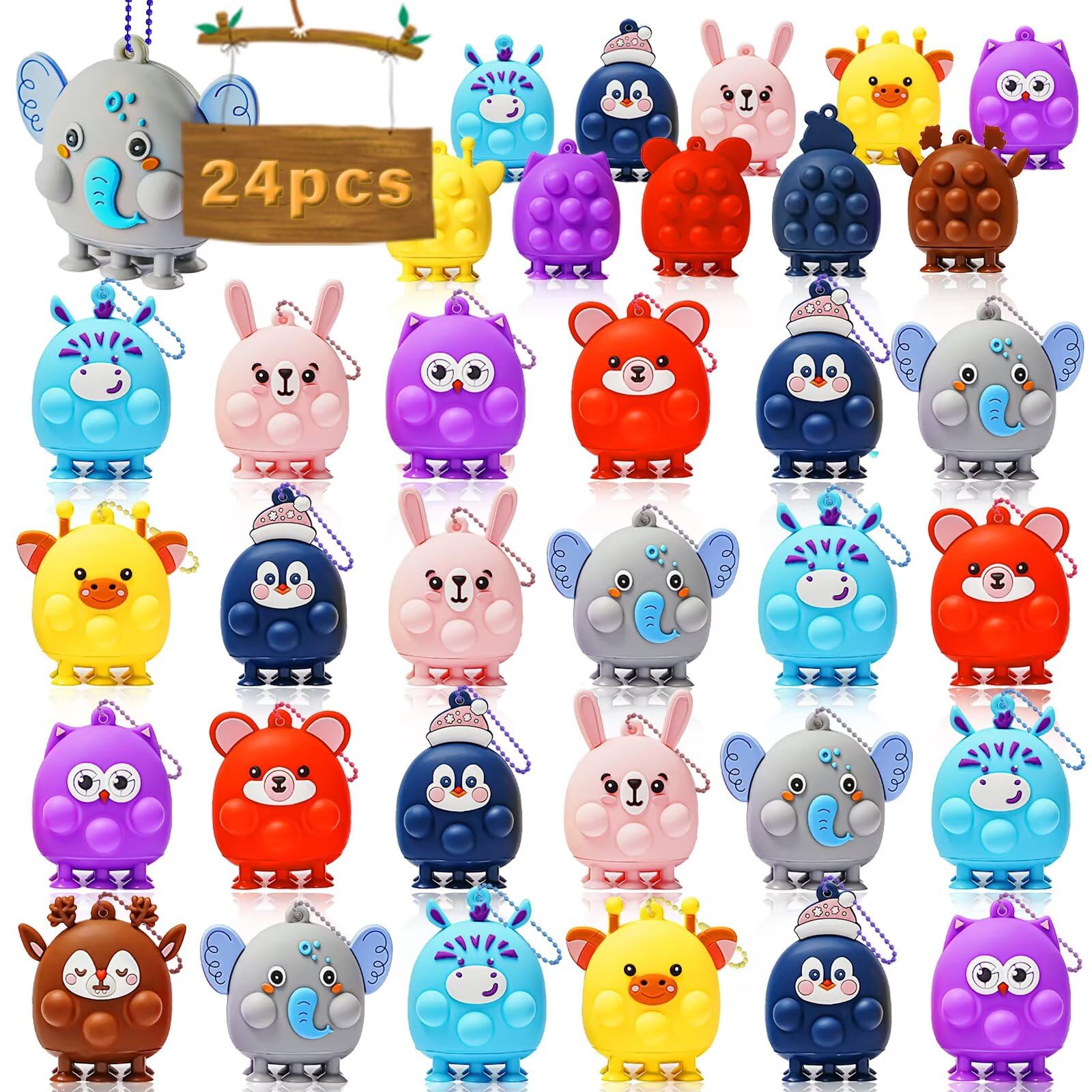 Sdatoy 24-pc party favors box display with 3D animal pop fidget toys for prizes.