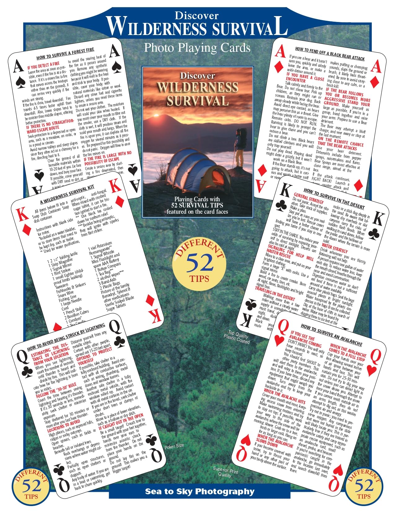 SEA AND SKY Survival Playing Cards cover illustrating quick wilderness tips for preparedness