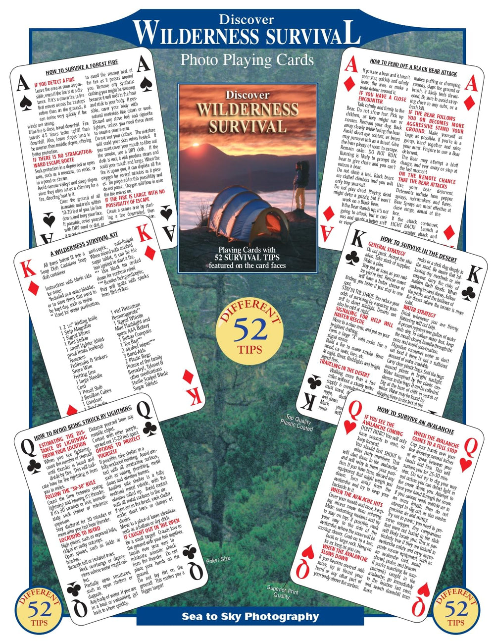 SEA AND SKY Survival Playing Cards cover illustrating quick wilderness tips for preparedness