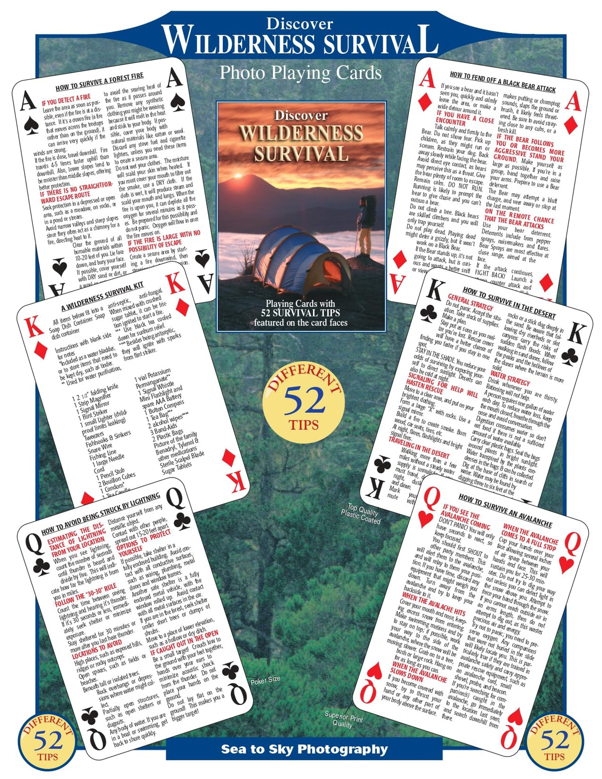 SEA AND SKY Survival Playing Cards cover illustrating quick wilderness tips for preparedness