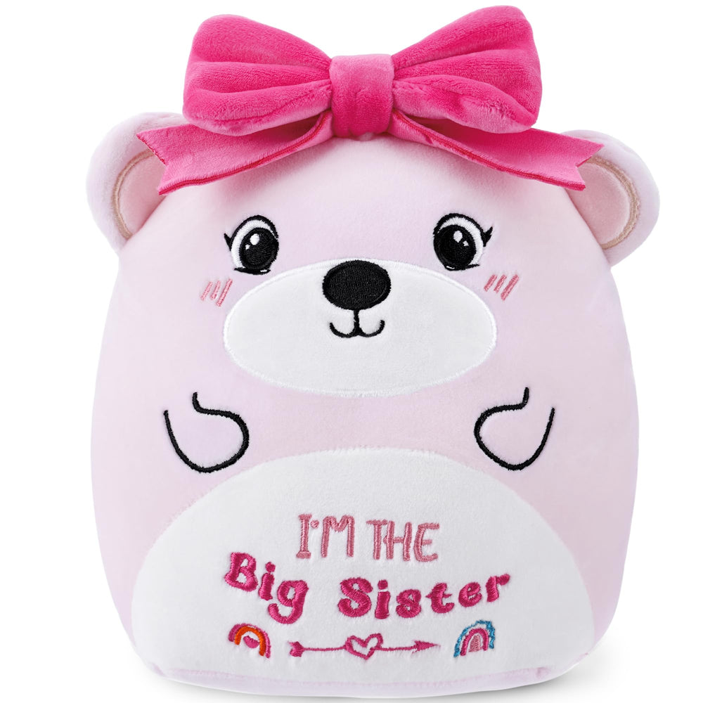 SEAOPOP big-sister plush bear with pink bow, a comforting sibling keepsake for bedroom decor.