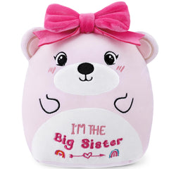 SEAOPOP big-sister plush bear with pink bow, a comforting sibling keepsake for bedroom decor.