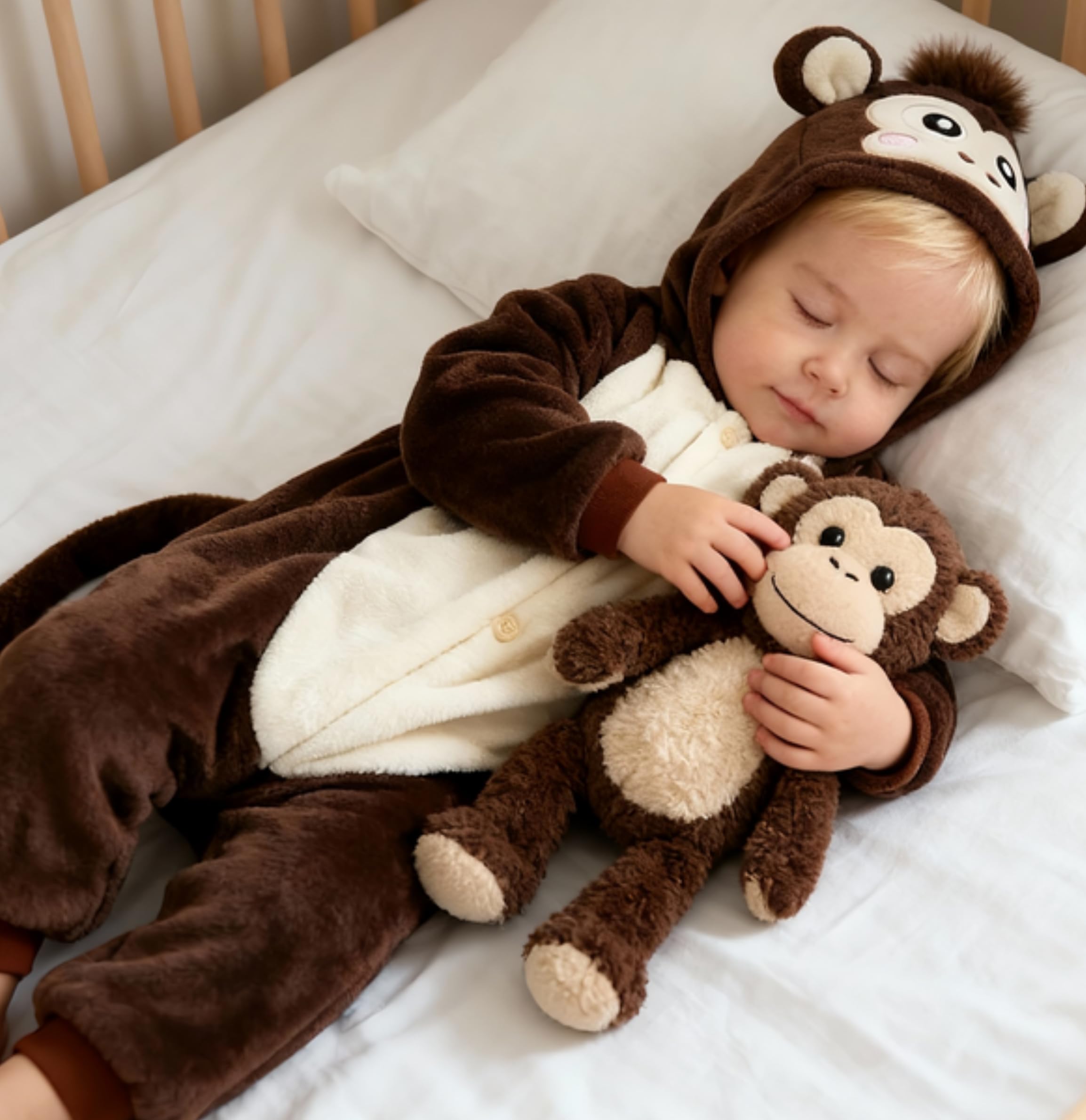 Seawhisper monkey costume worn as full body onesie for cozy dress up