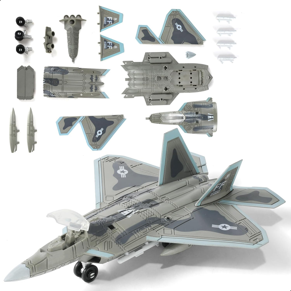SEBUNAS F-22 Raptor model kit front view highlights detailed finish for display.